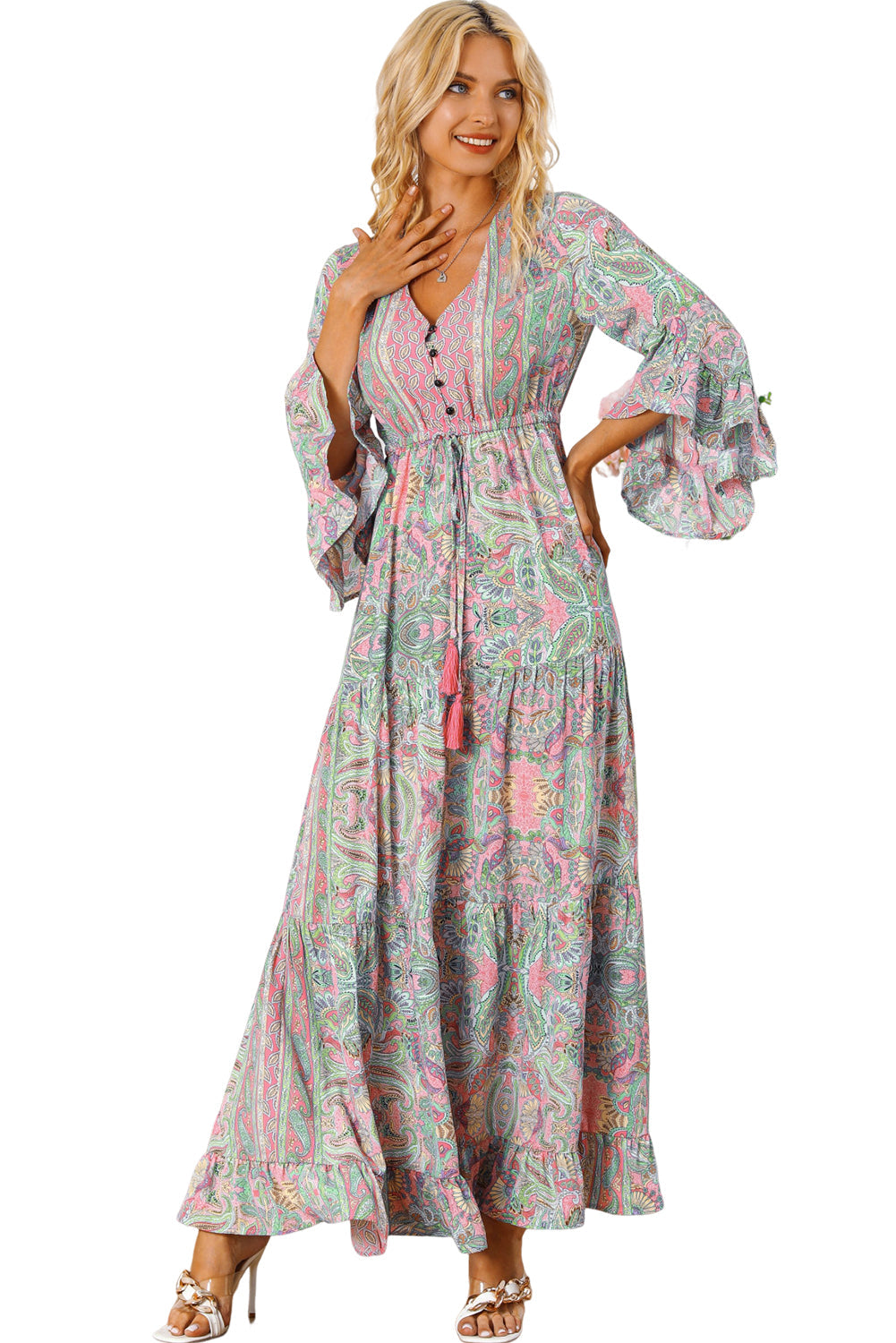 Green Paisley Printed Ruffle Trim Elegant Maxi Dress