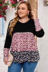 Black Floral Pattern Color Block Plus Size Pullover Top