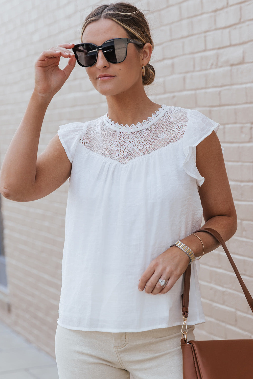 Beige Lace Crochet Patchwork Flutter Sleeve Babydoll Blouse