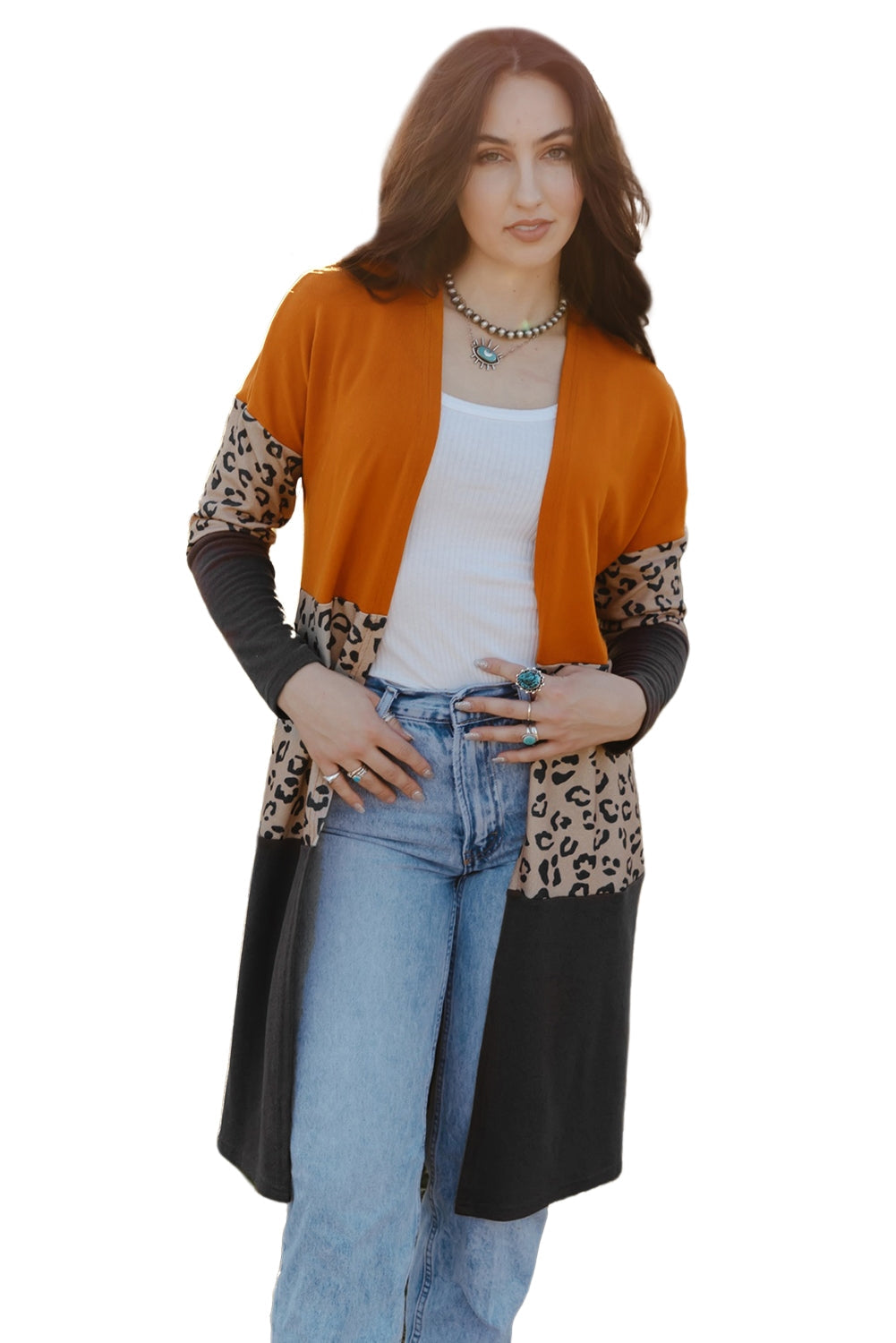Orange Colorblock Leopard Print Patchwork Knit Cardigan