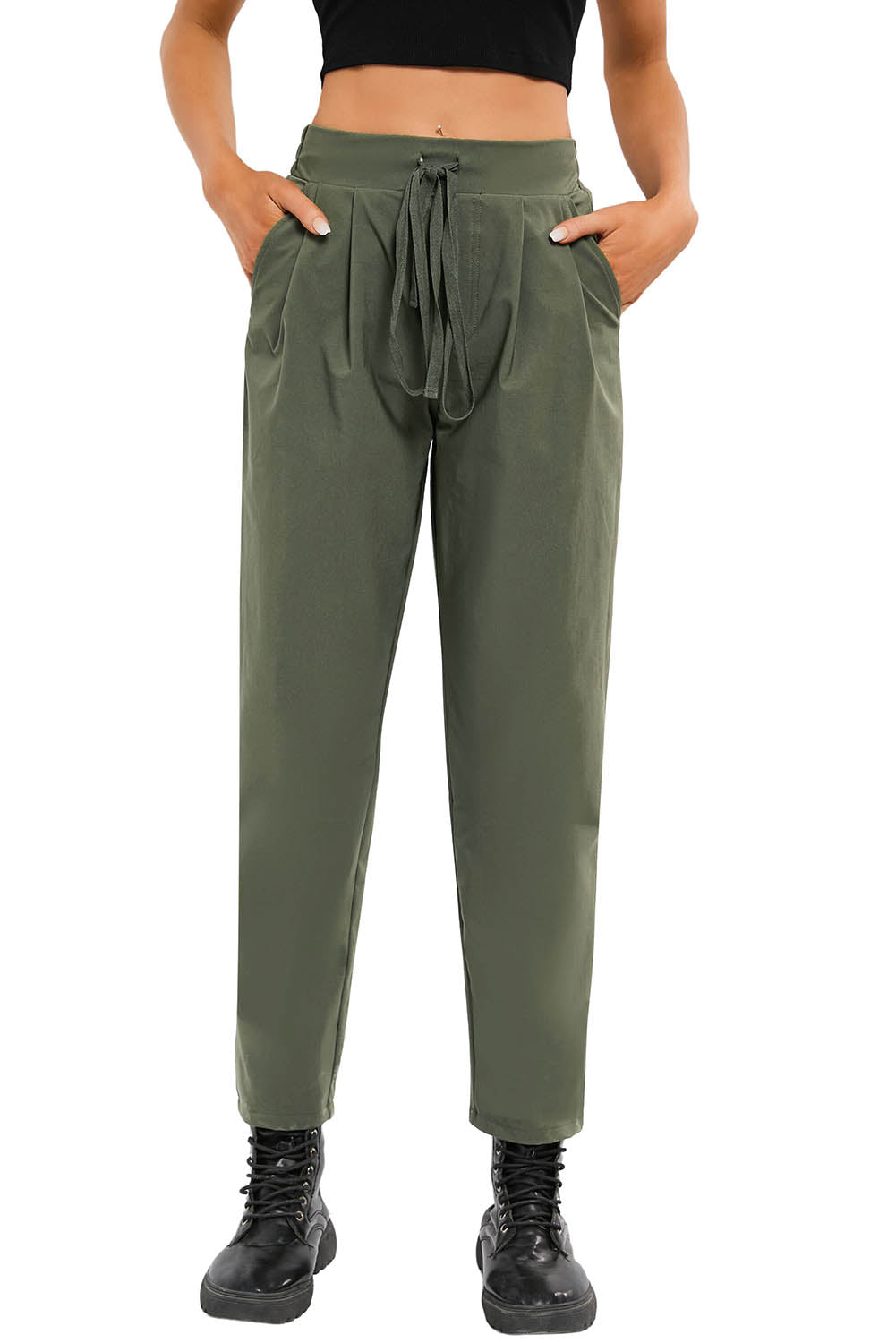 Green Casual Elastic Drawstring Waist Pants