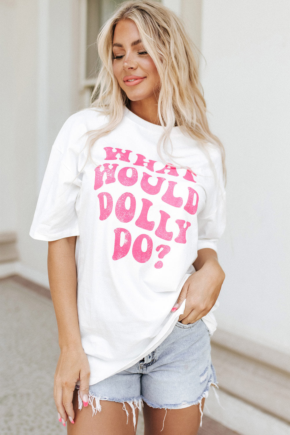 Beige WHAT WOULD DOLLY DO Printed Boyfriend T Shirt