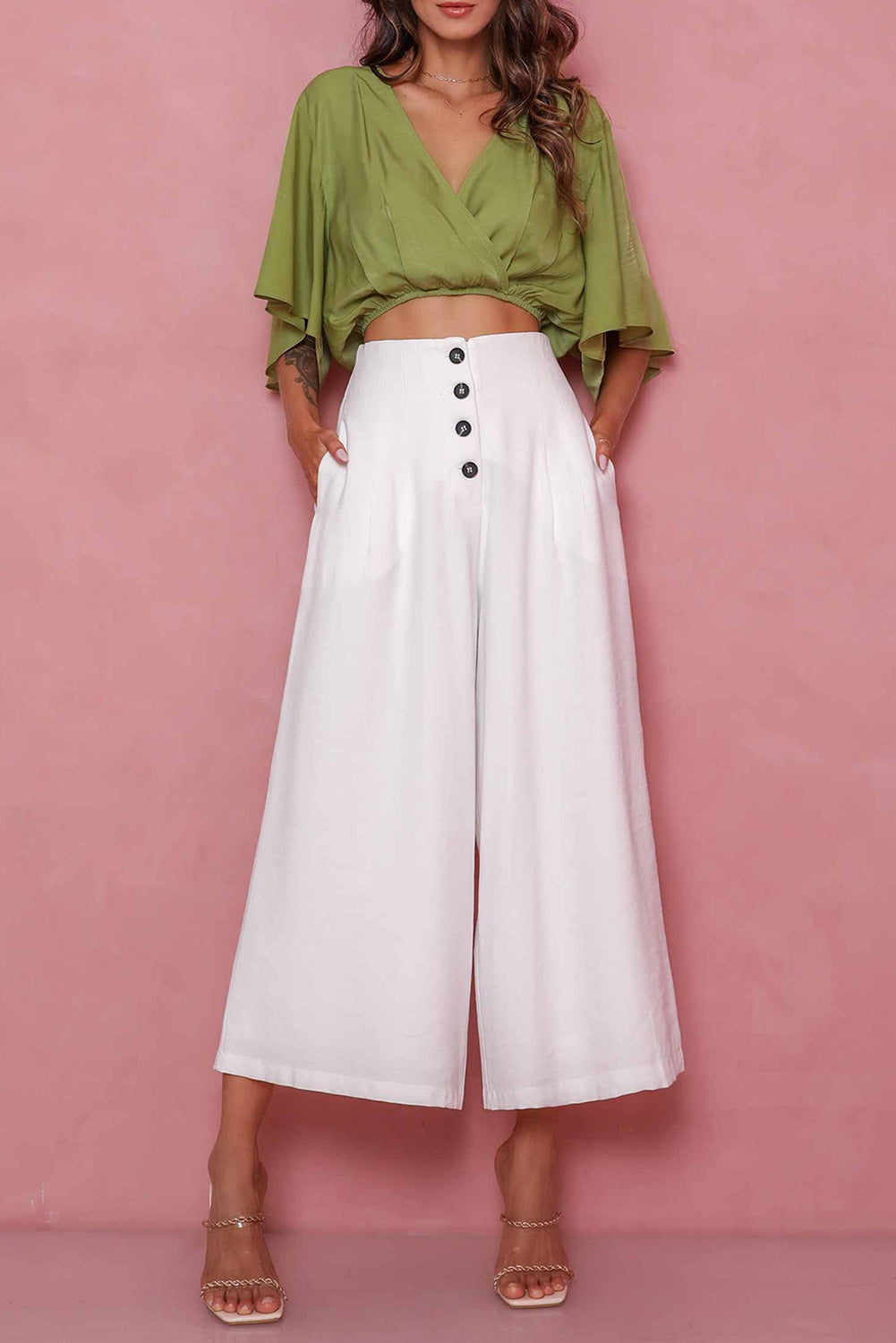 White Buttons Cropped Wide Leg Pants