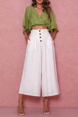 White Buttons Cropped Wide Leg Pants