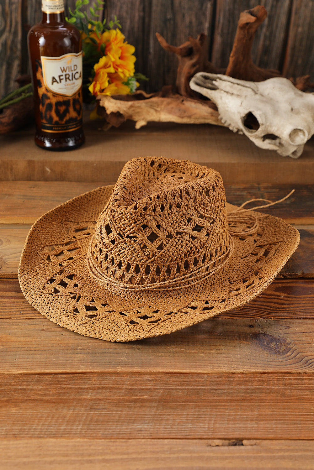 Khaki Hollow-out Straw Cowboy Hat