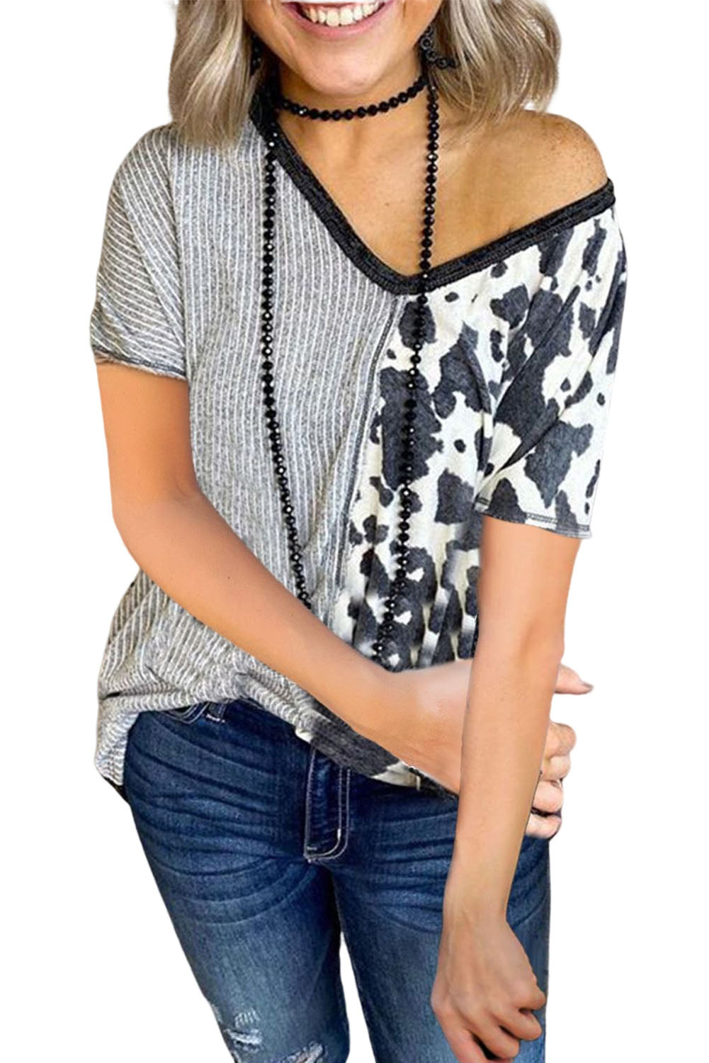 Gray Stripes & Cow Print Contrast V Neck Tee