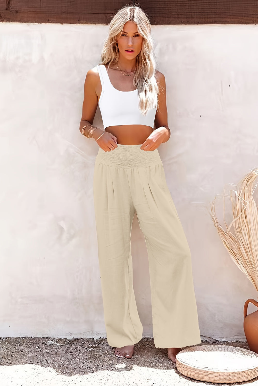Black Smocked Wide Waistband High Waist Wide Leg Pants