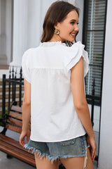 White Ruffle Accent Flutter Sleeve Notch Neck Top