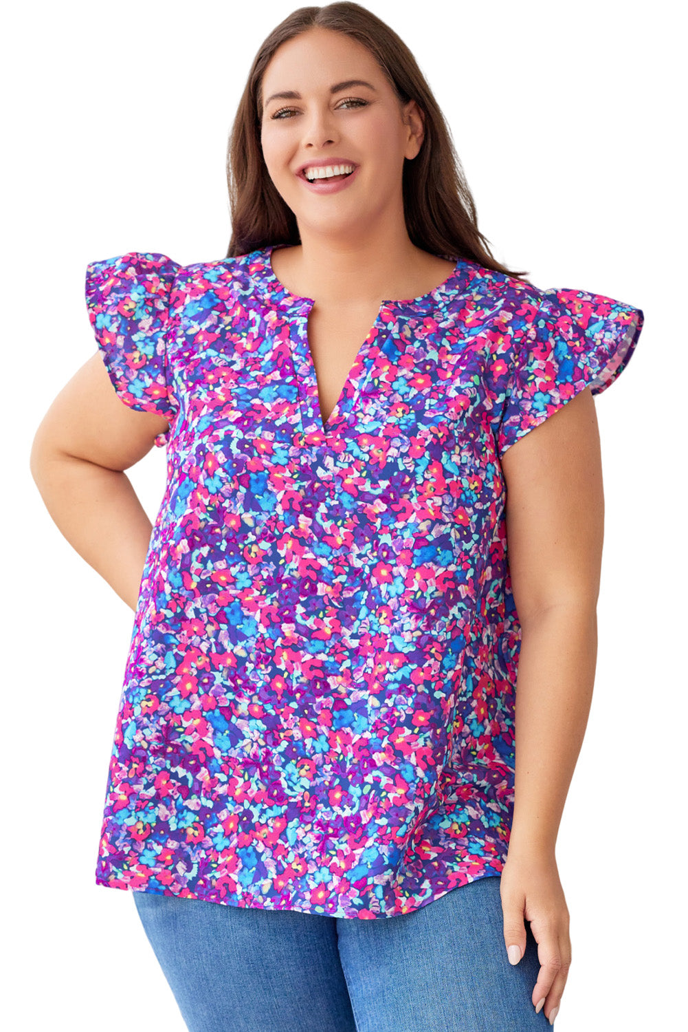 Purple Plus Size Floral Print Ruffle Sleeve Blouse