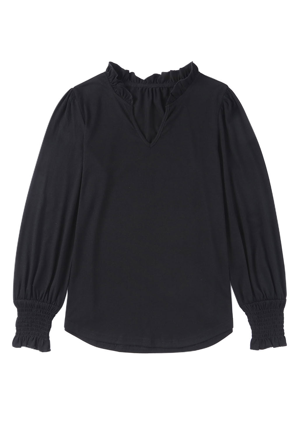 Black Frill V Neck Puff Long Sleeve Top