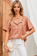 Orange Notched V Neck Buttoned Front Textured Loose Top