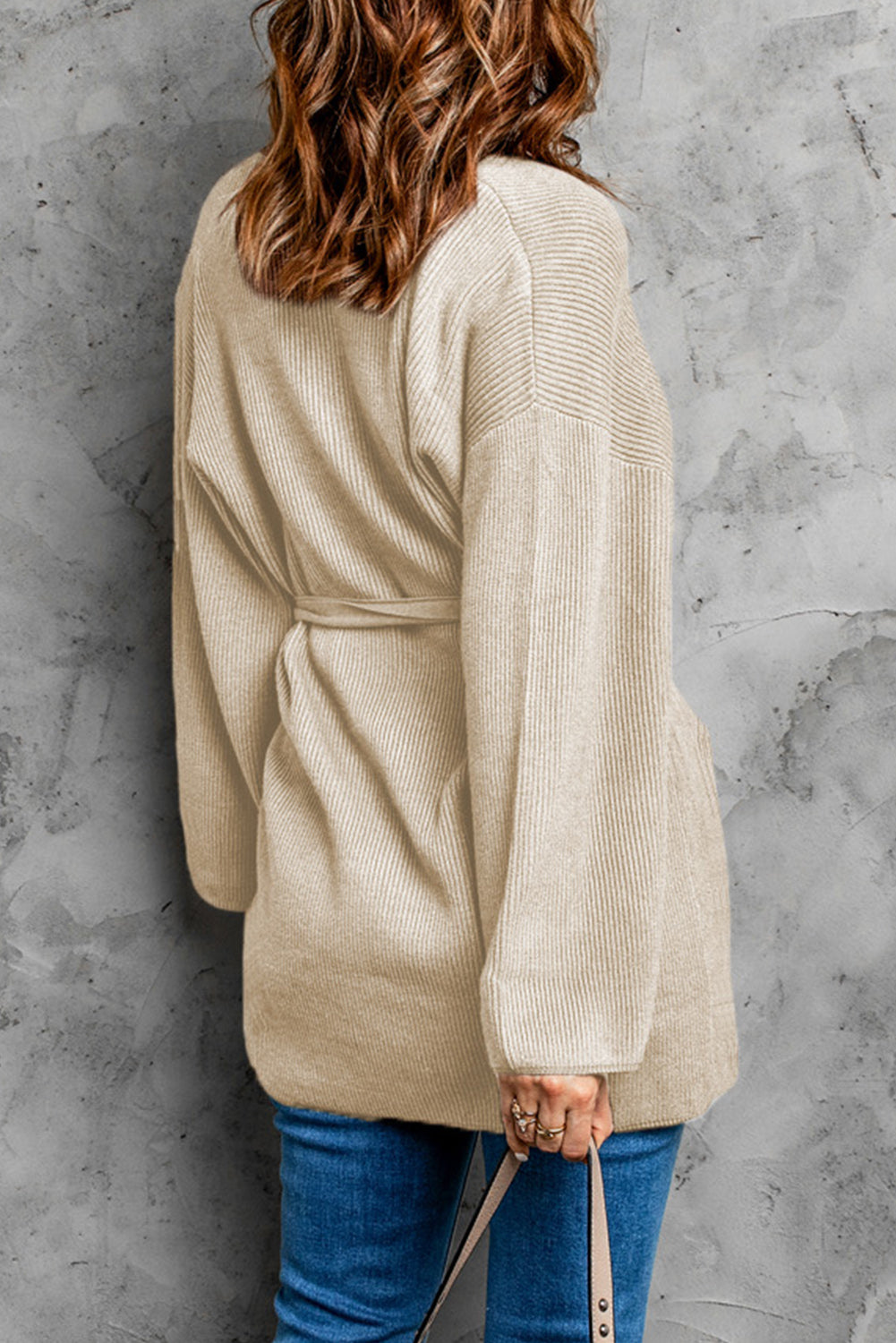 Black Robe Style Rib Knit Pocketed Cardigan with Belt