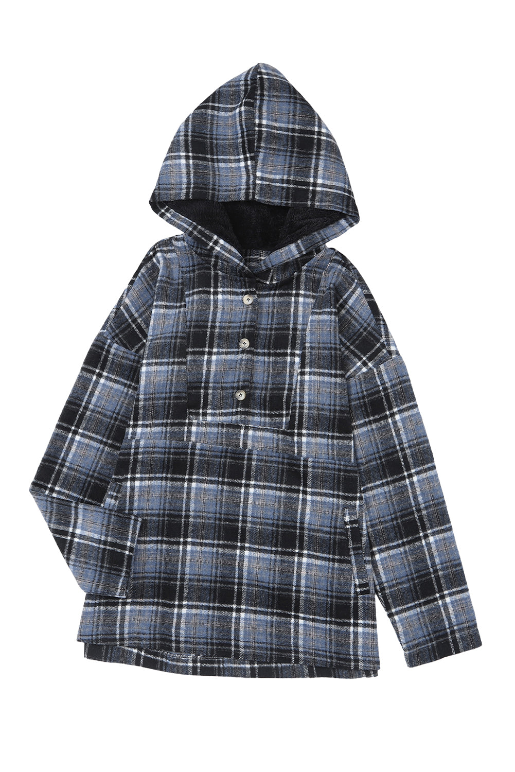 White Plaid Button Neck Pocketed Pullover Hoodie