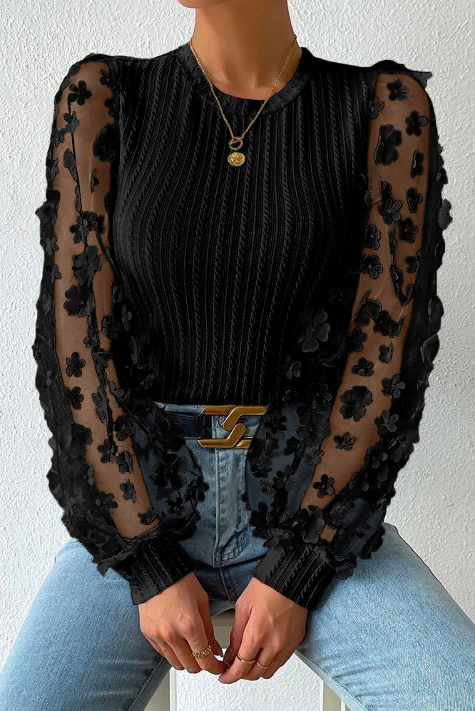 Black Floral Applique Mesh Sleeves Textured Knit Blouse