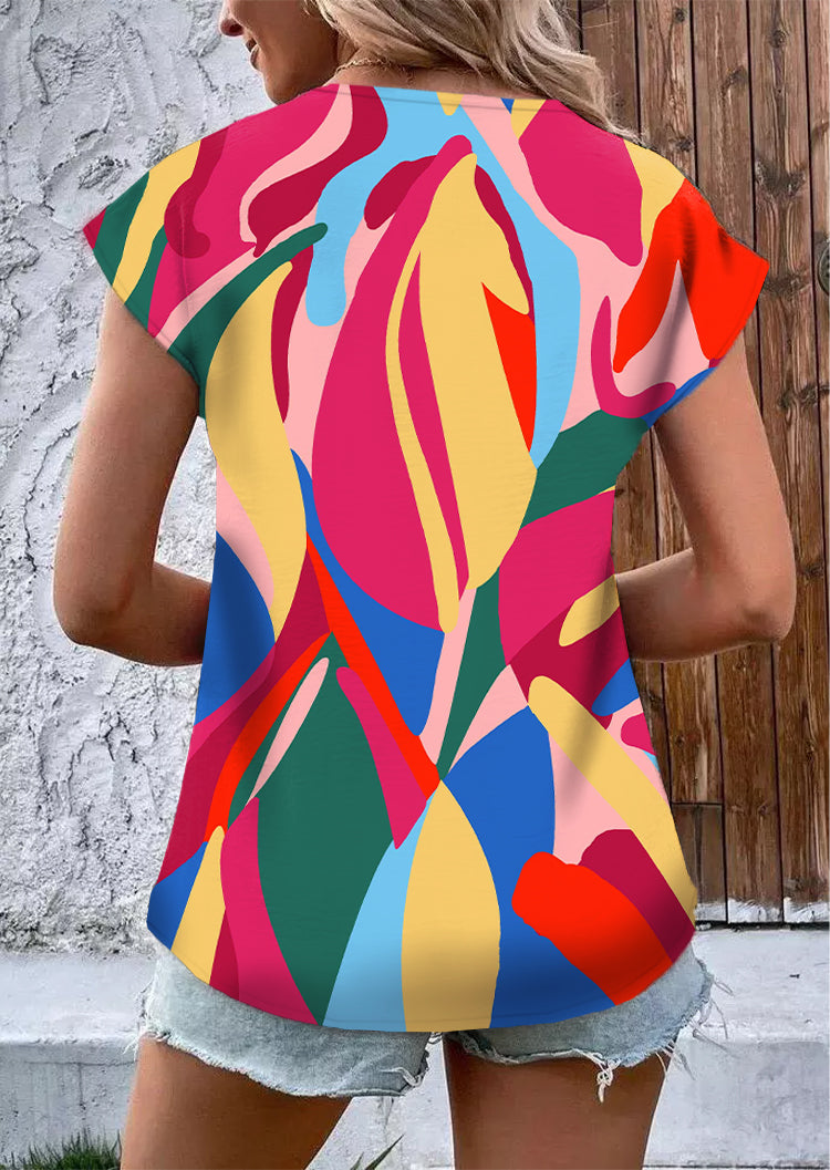 Multicolor Abstract Print Button V Neck Blouse