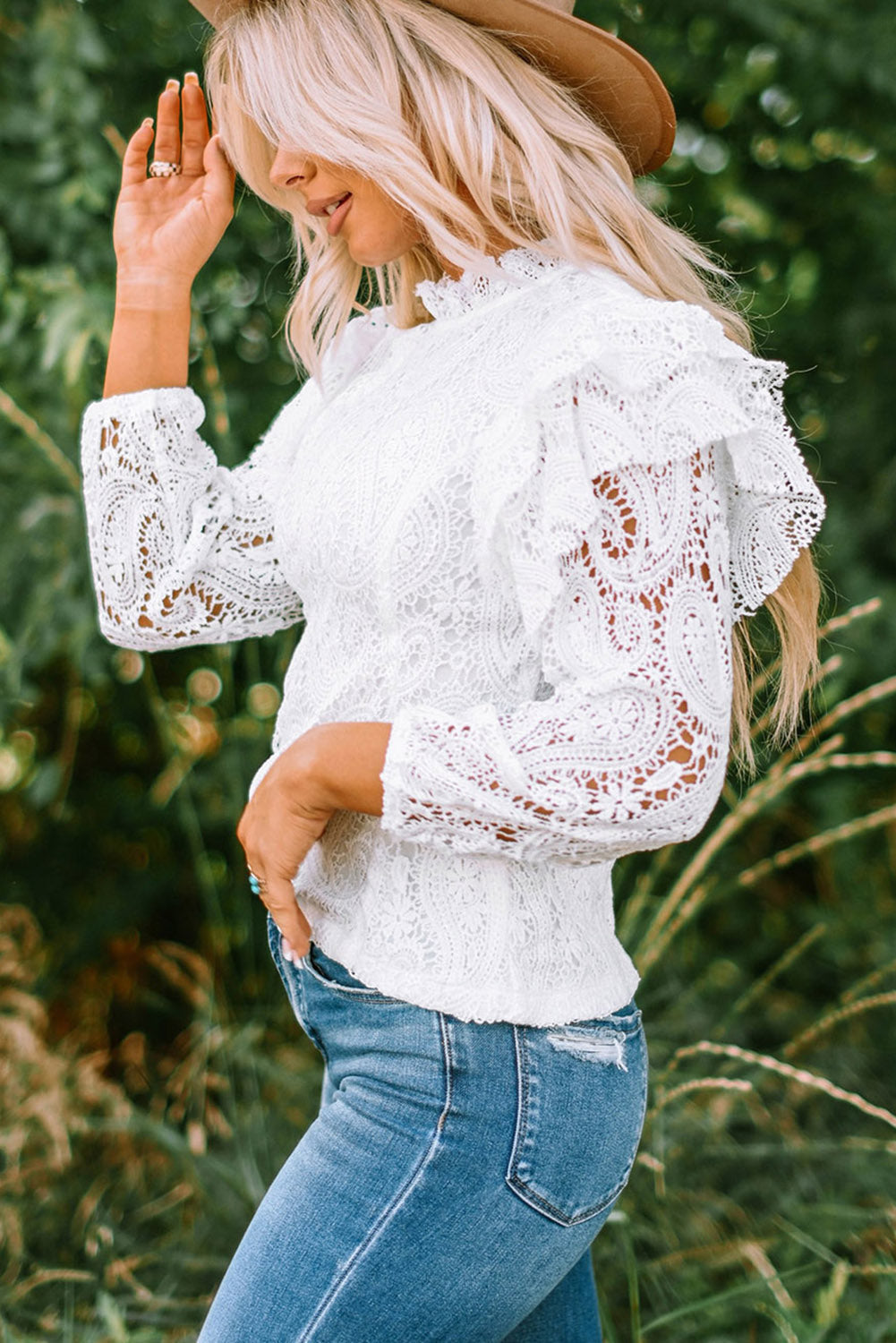 White Mock Neck Ruffled Long Sleeve Lace Top