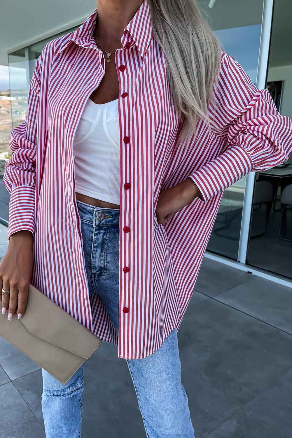 Striped Bishop Sleeve Side Slit Long Tail Shirt