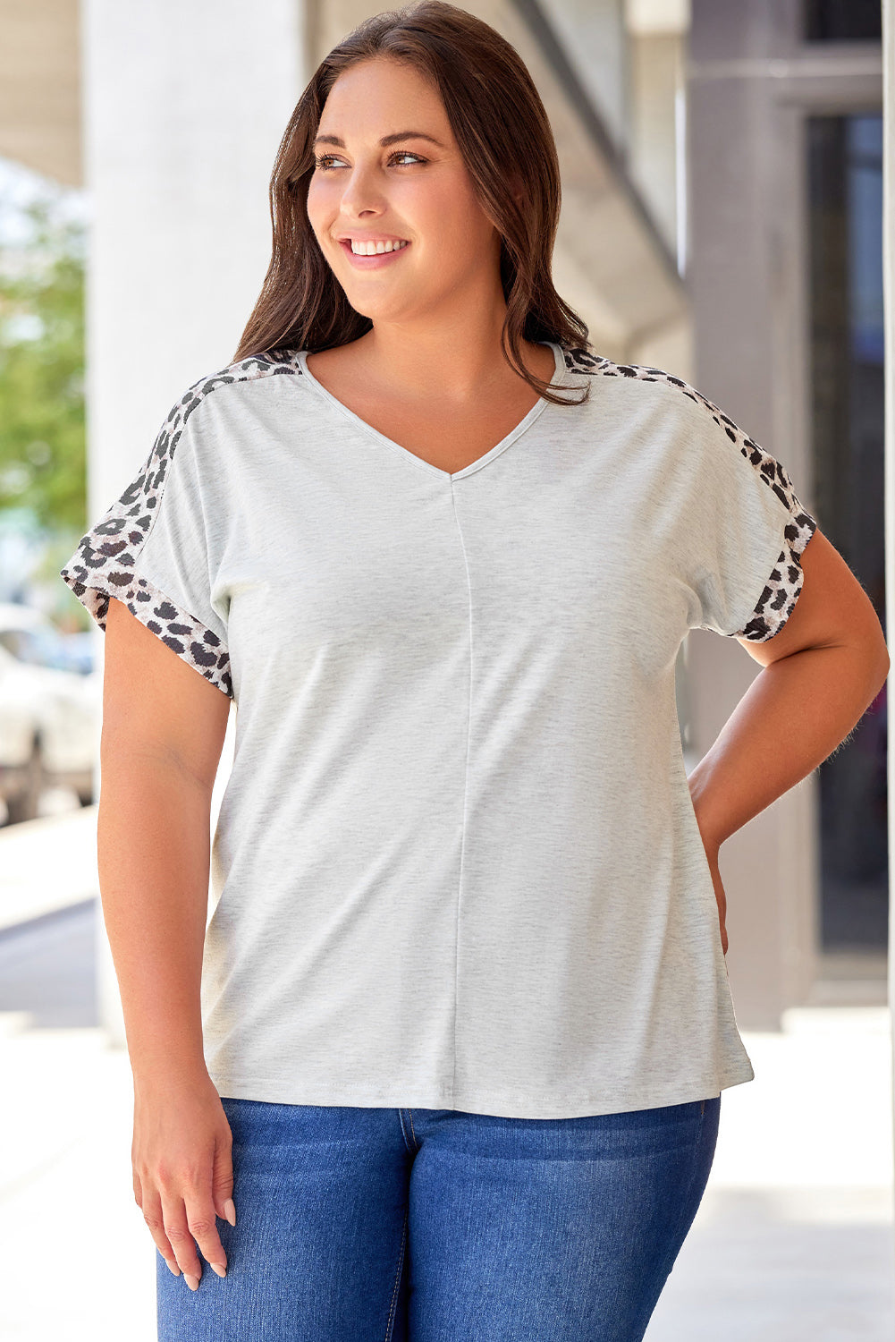 White Plus Leopard Splicing V Neck Short Sleeve Top