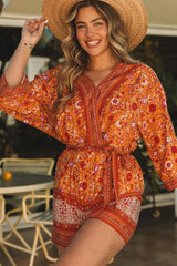 Orange Boho Floral Wrap V Neck Tie Waist Romper