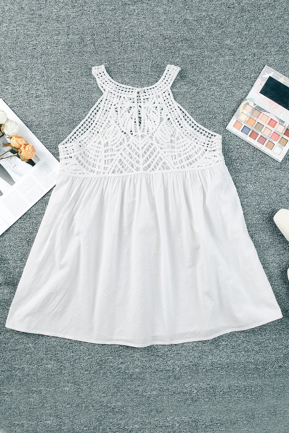 White Lace Crochet Sleeveless Babydoll Top