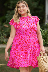 Rose Leopard Print Frilled Sleeveless Plus Size Mini Dress