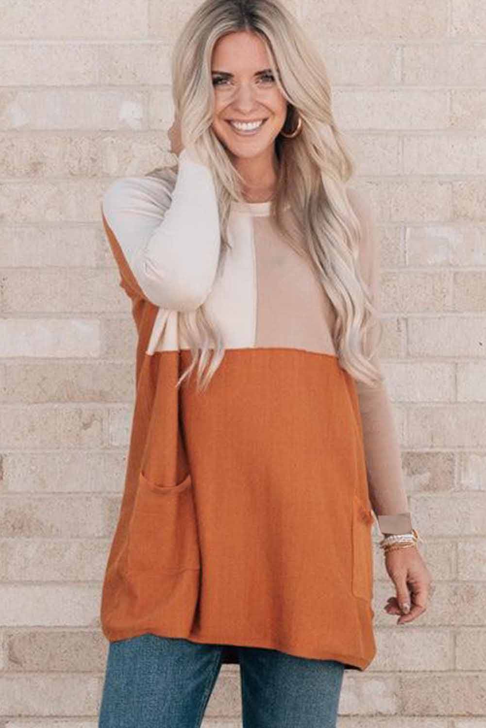 Orange Pocketed Color Block Patchwork Long Sleeve Top