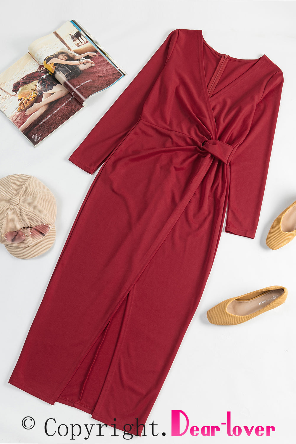 Red Black Long Sleeve V Neck Twist Front Slit Long Dress