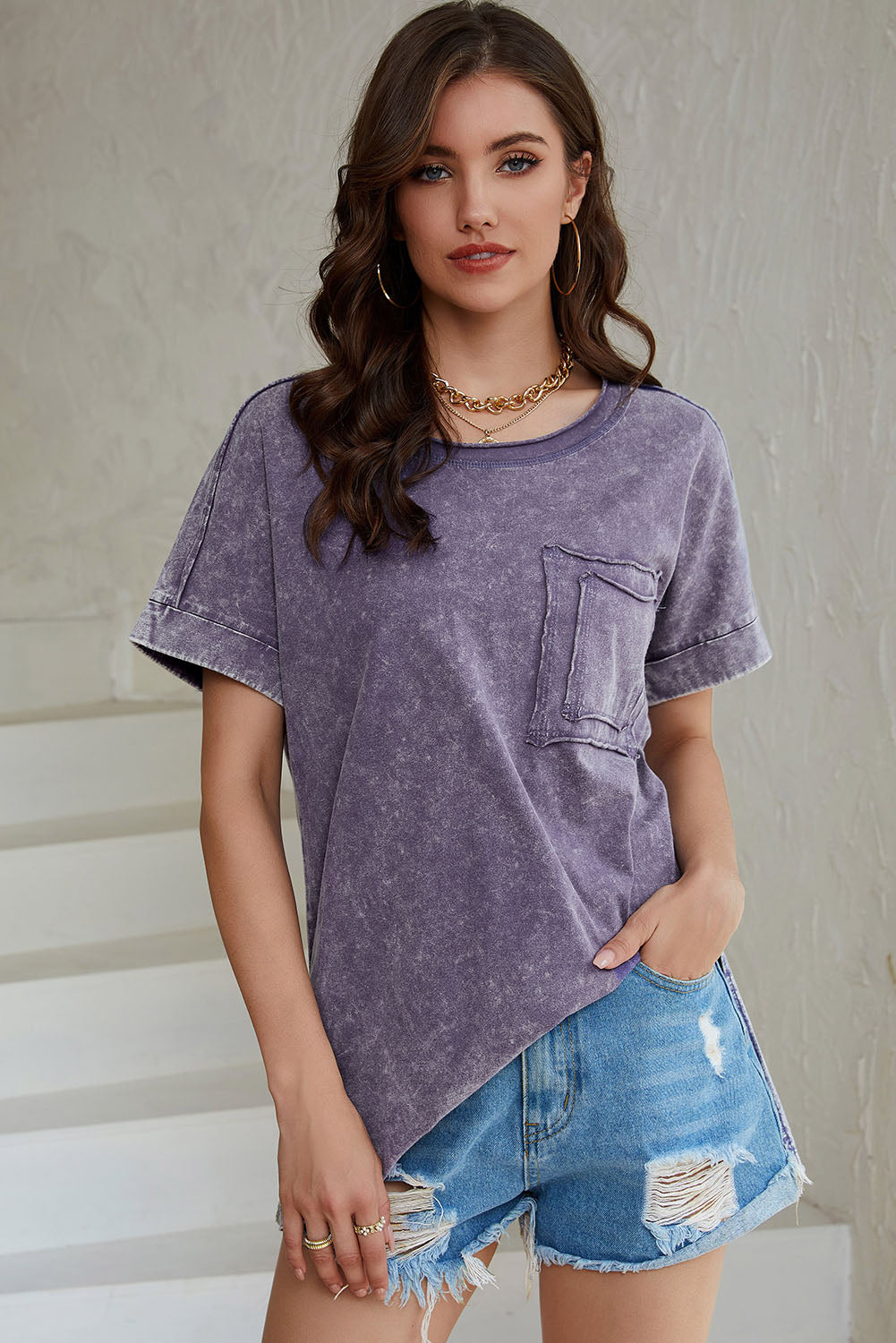 Gray Vintage Mineral Wash Pocketed Tee with Slits