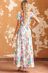 Multicolor Square Neck Puff Sleeve Tiered Floral Maxi Dress