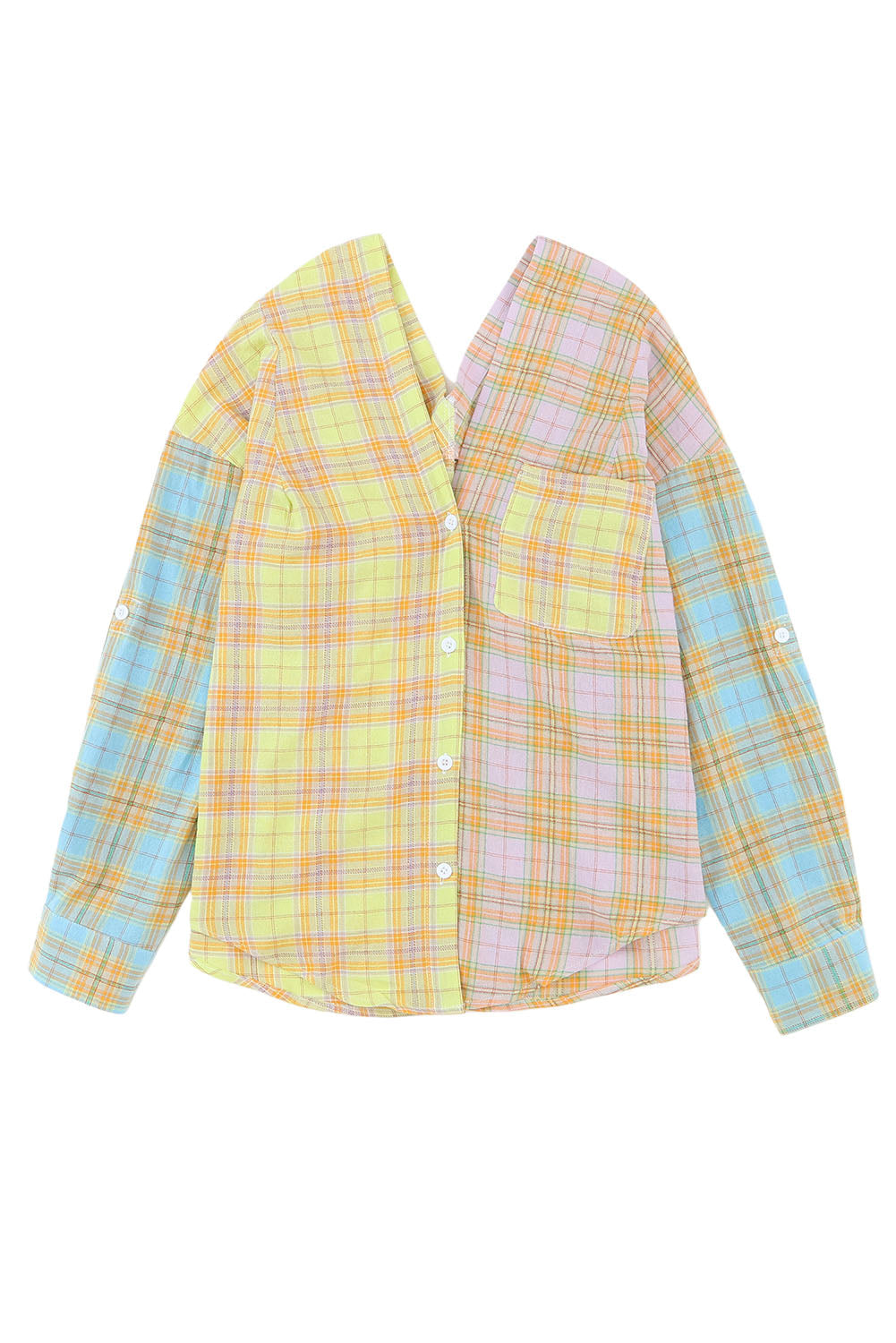 Yellow Mixed Plaid Long Sleeve V Neck Buttoned Shirt