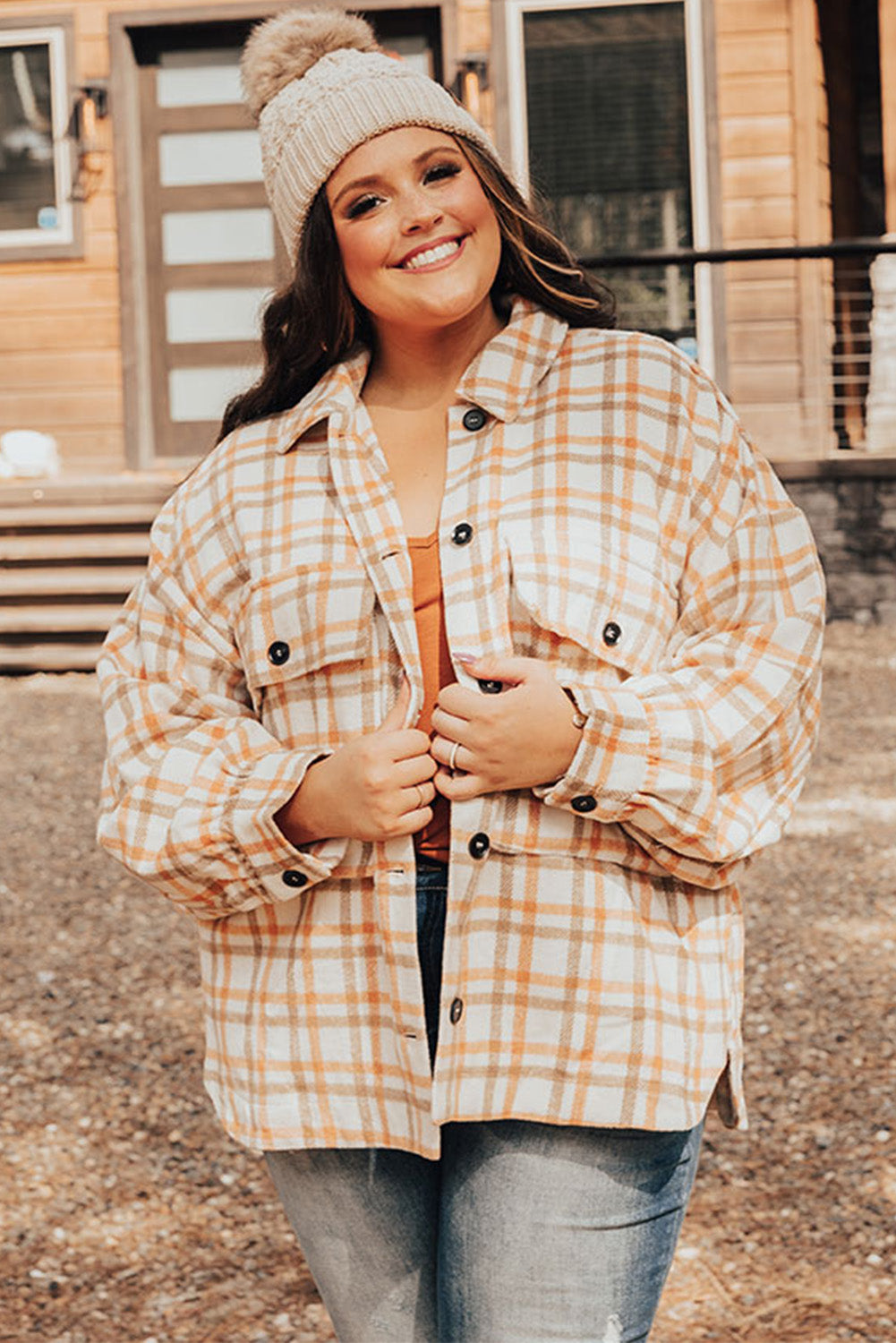 Khaki Plus Size Plaid Jacket with Flap Pockets