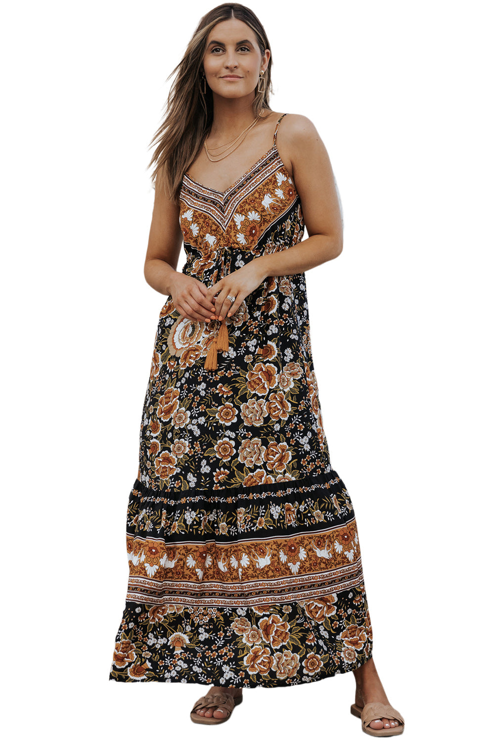 Black Retro Boho Floral Tassel Tie Maxi Dress