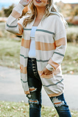 White Striped Knit Side Pockets Plus Size Cardigan