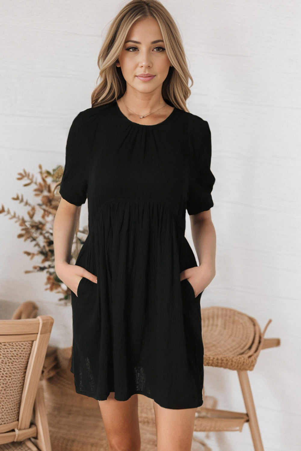 Black Pocketed Puff Sleeve Empire Waist Swing Short Dress