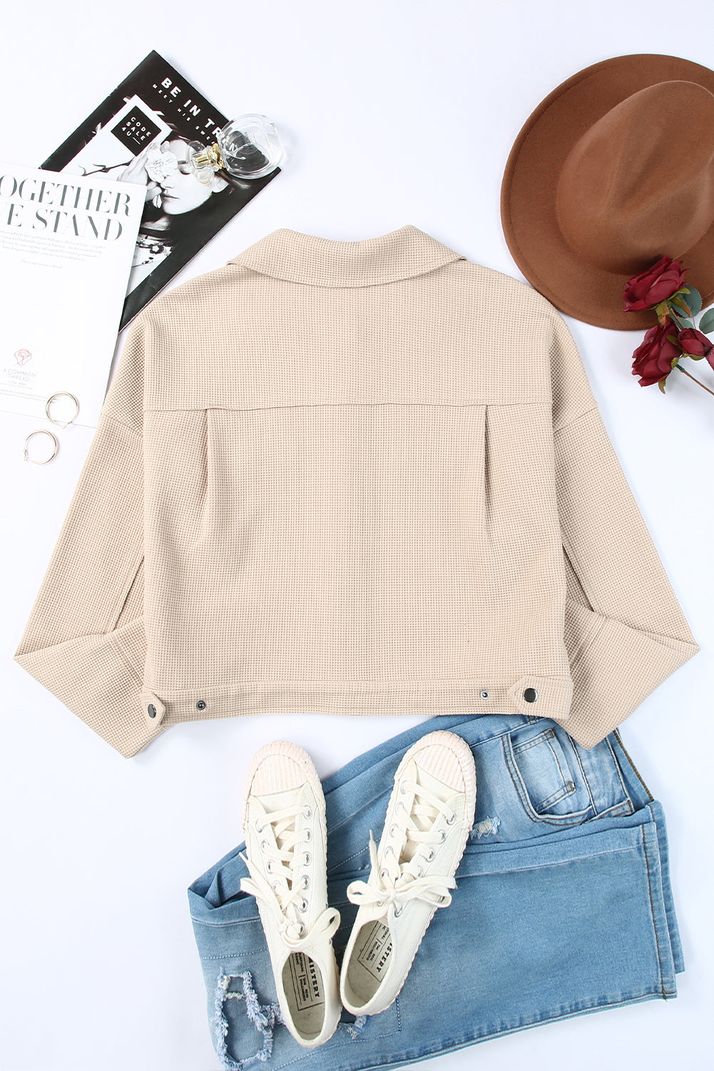 Sky Blue Waffle Knit Buttons Cropped Jacket with Pockets