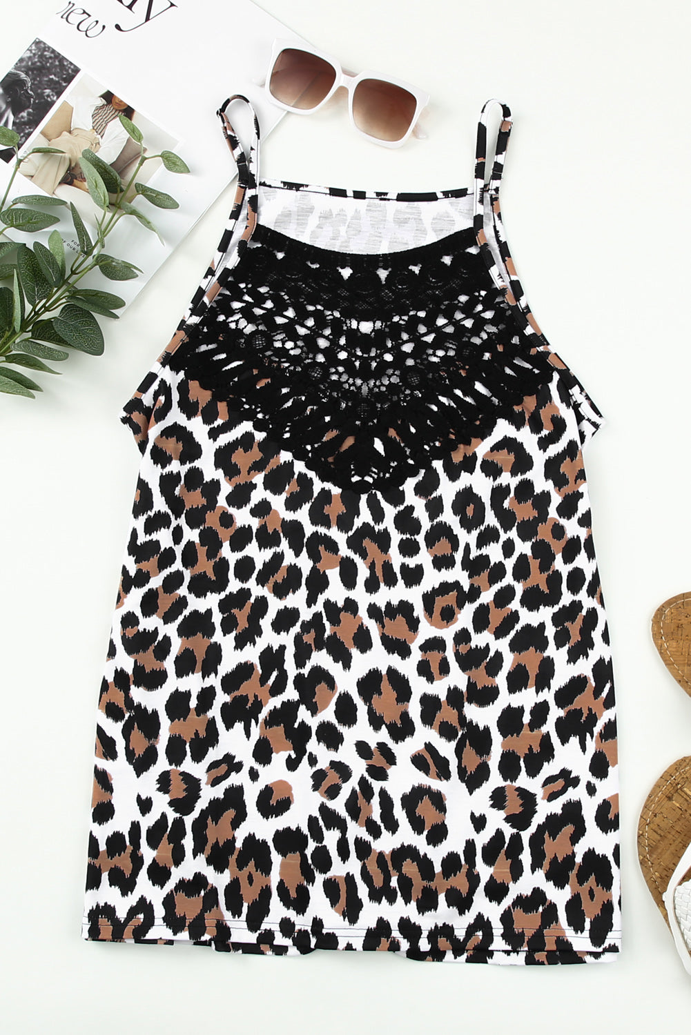 Leopard Print Lace Patchwork Spaghetti Strap Cami Top