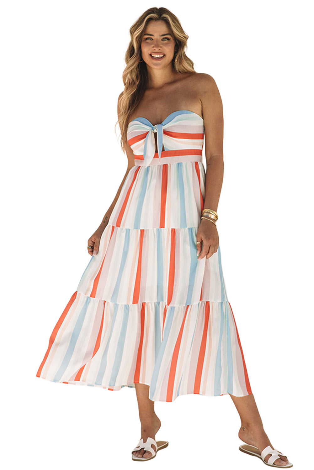 Multicolor Striped Tie Decor Strapless Tiered Maxi Dress