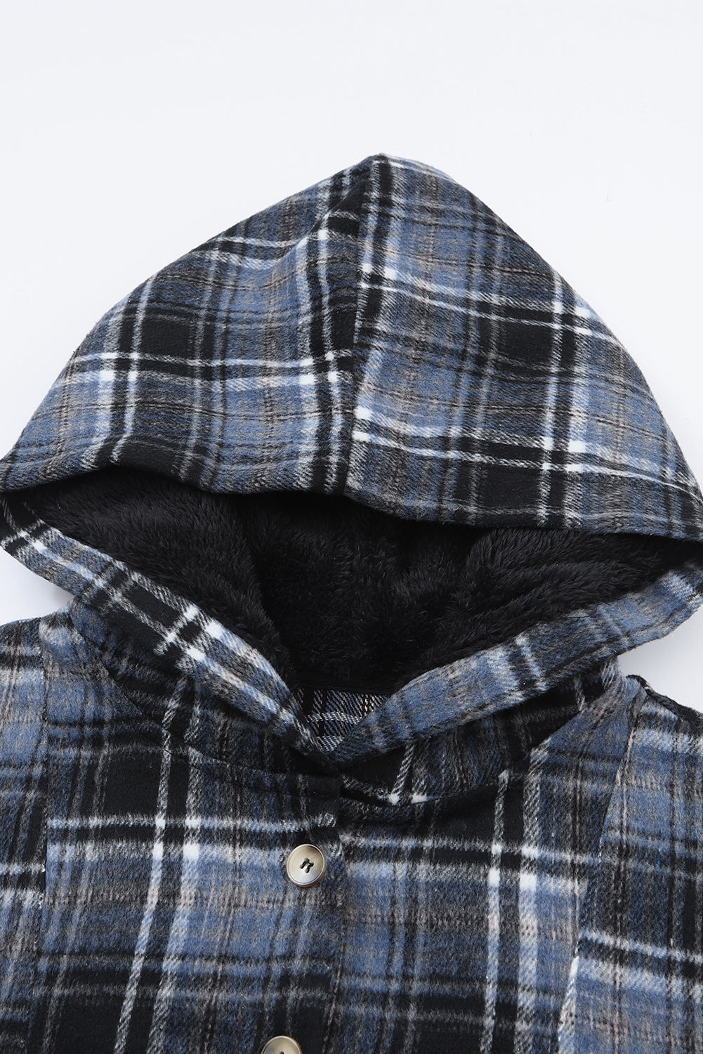 White Plaid Button Neck Pocketed Pullover Hoodie