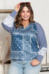 Sky Blue Leopard Paisley Patchwork Split Neck Plus Size Top