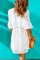 White Textured Pom Pom Trim V Neck Mini Dress