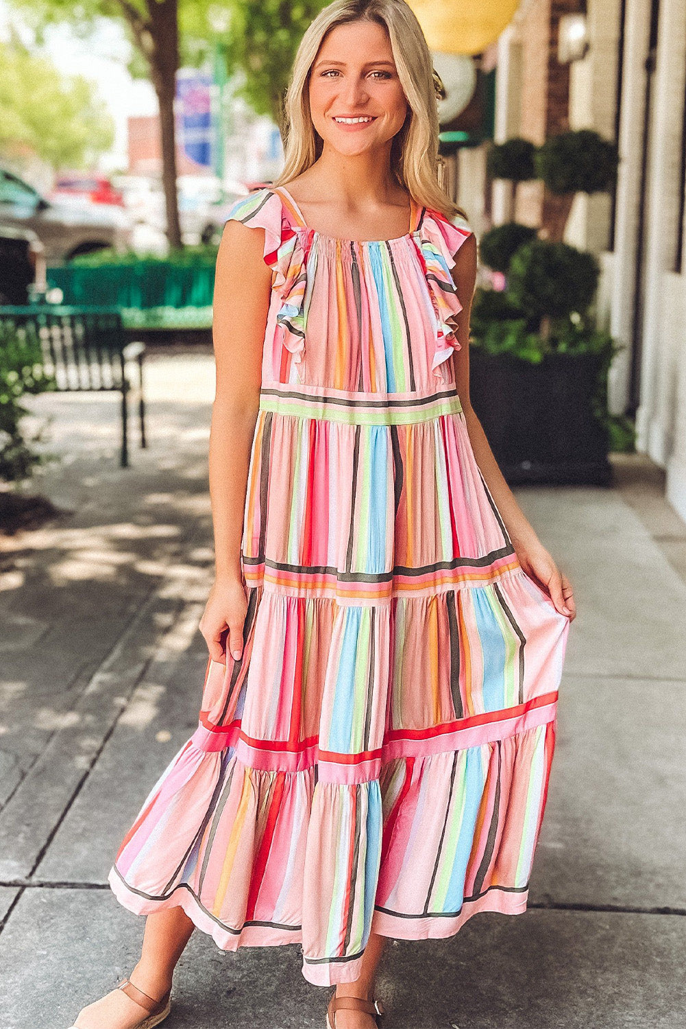 Pink Rainbow Stripe Ruffles Ruched Tiered Dress