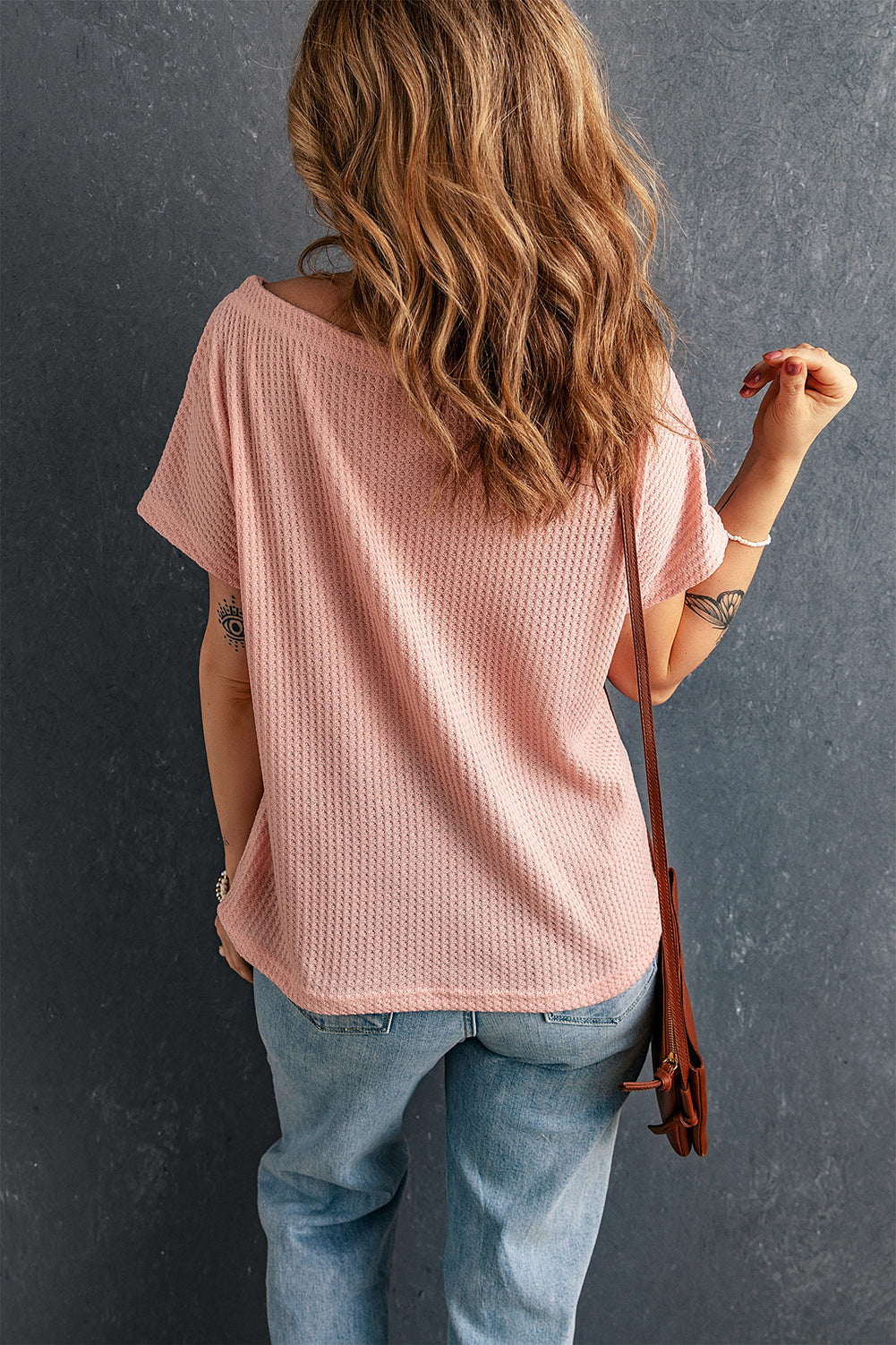 Pink Wide High Straight Neck Waffle Knit Top