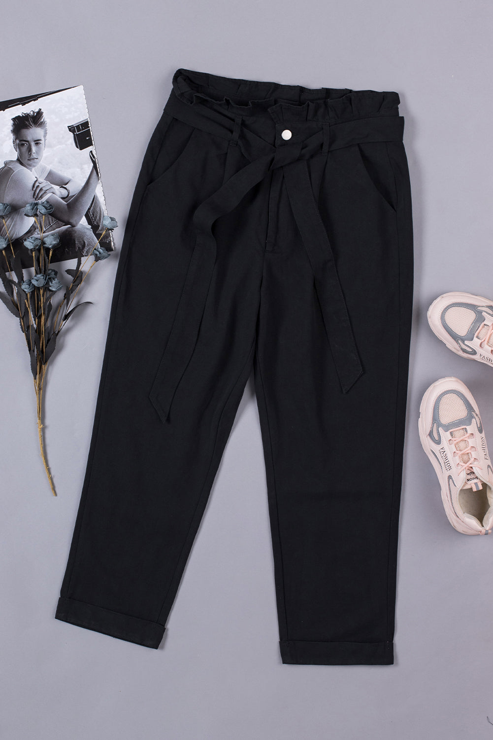 Black Paperbag Belt High Waist Straight Leg Pants