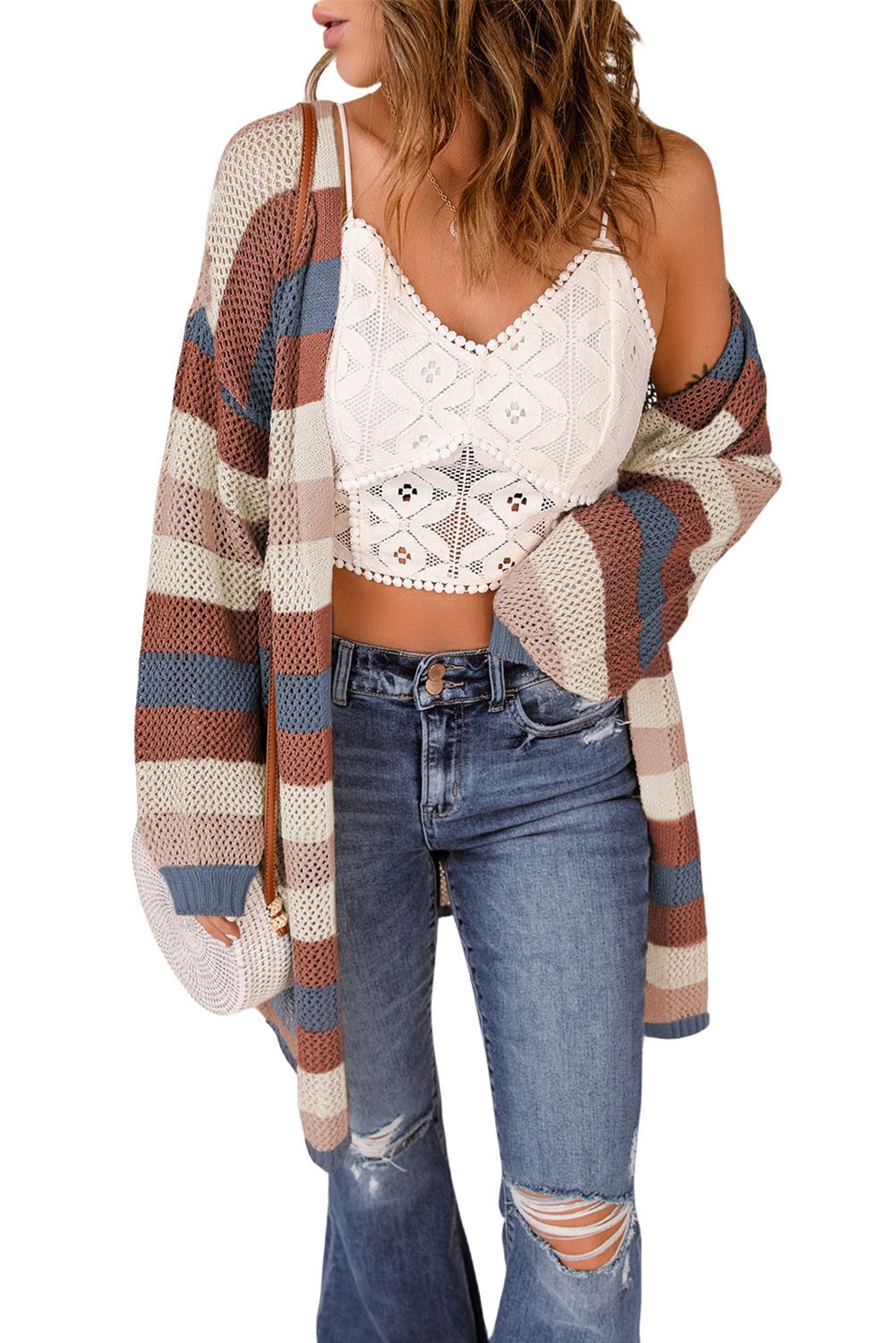 Multicolor Striped Color Block Hollowed Knit Cardigan