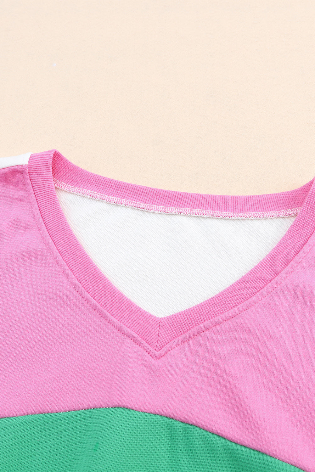 Pink Ribbed V Neck Color Block Patchwork Sweatshirt