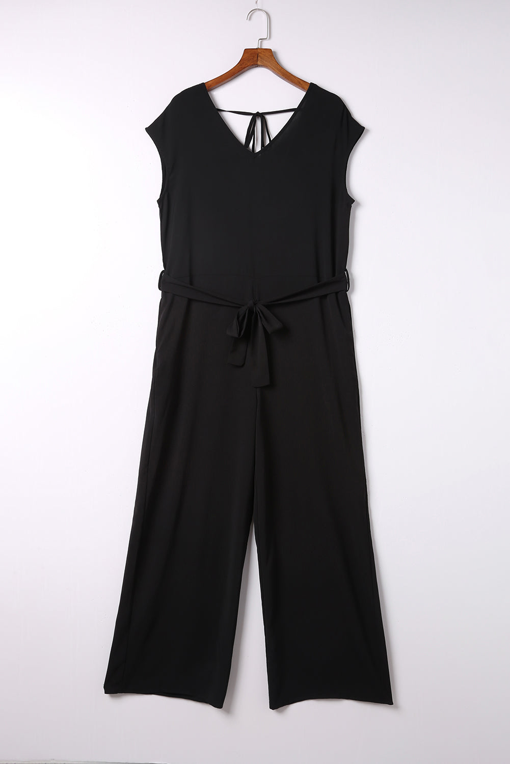 Black Sleeveless V Neck Belted Wide Leg Jumpsuit