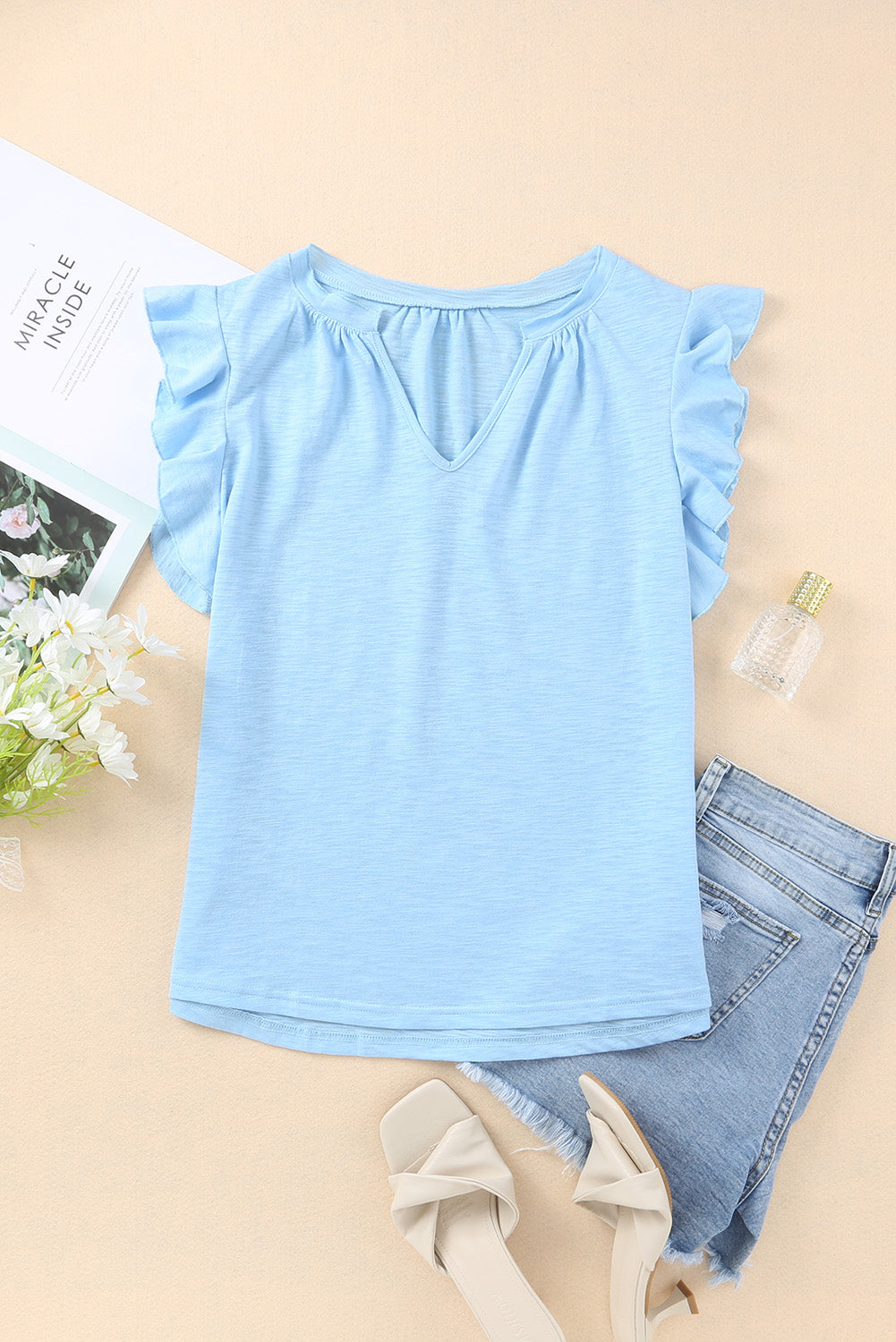 White Casual Solid V Neck Butterfly Sleeve Top