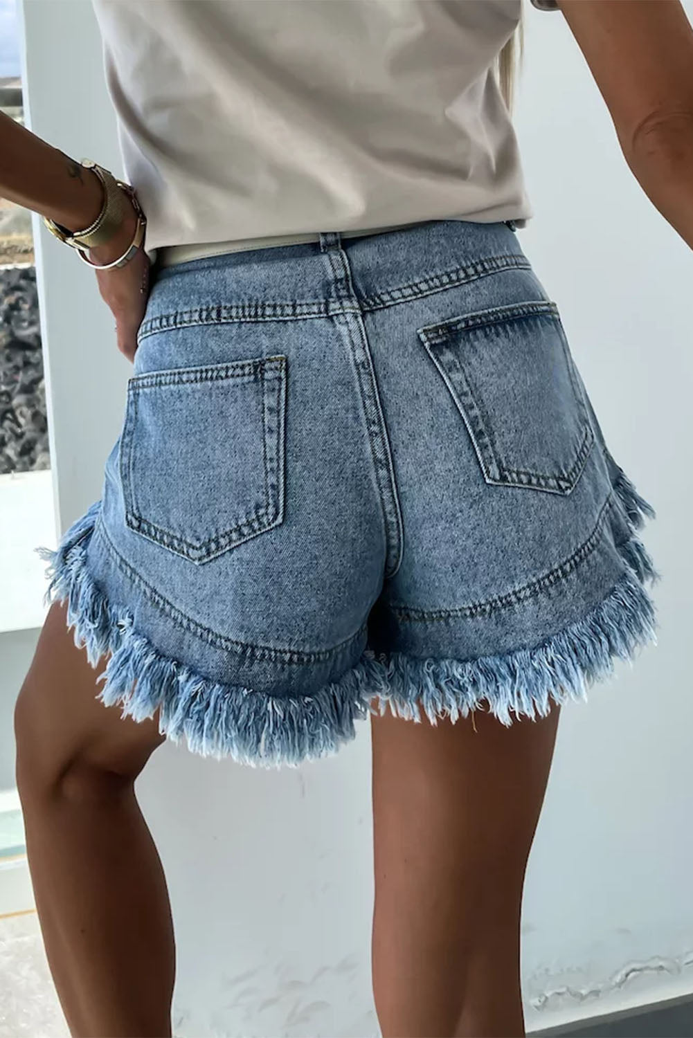 Sky Blue Raw Hem Acid Wash Denim Shorts