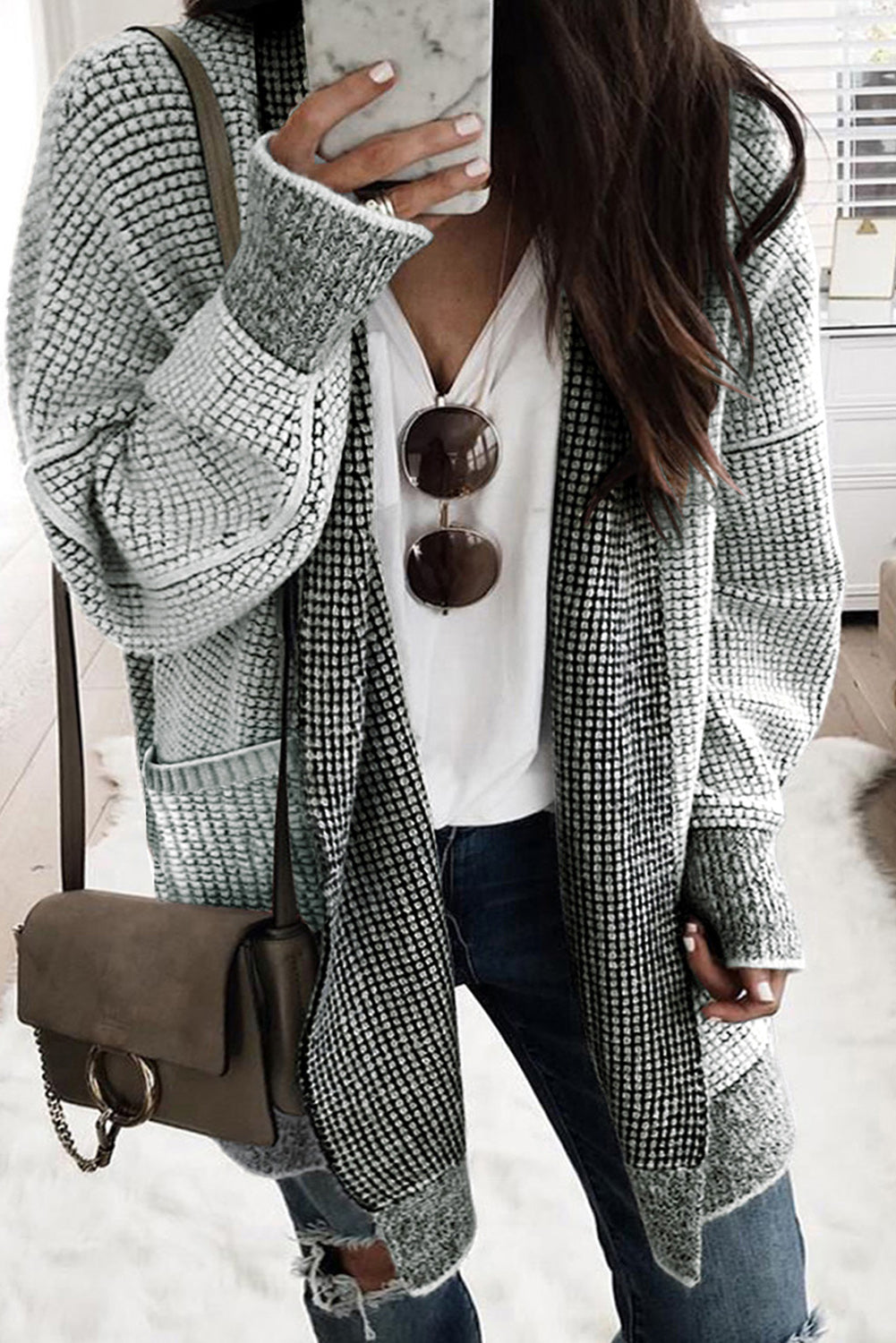 Grey Plaid Contrast Trim Open Front Cardigan