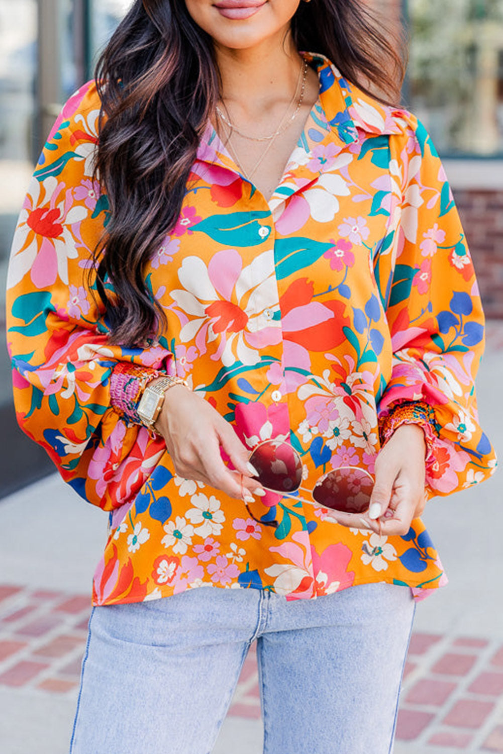 Carrot Floral Print Buttons Front Bubble Sleeve Shirt